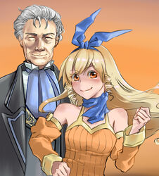  blonde_hair blue_neckwear bow breasts brown_eyes detached_sleeves dress drill_hair drill_sidelocks female hair_ribbon hairband hallupuna highres jane_maxwell long_hair magdalen_harts mature_male orange_dress orange_sleeves ribbon sidelocks smile wild_arms wild_arms_1 