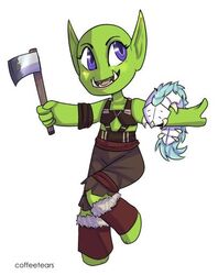  axe bald blizzard_entertainment chibi duo felling_axe female humanoid melee_weapon not_furry orc peon purple_eyes tusks warcraft weapon work_work worm 