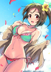  bikini blue_bikini blue_sky breasts brown_hair brown_jacket cleavage cloud commentary_request cowboy_shot day domyoji_karin dutch_angle female flower frilled_bikini frills front-tie_top hair_flower hair_ornament idolmaster idolmaster_cinderella_girls jacket looking_at_viewer medium_breasts open_clothes open_jacket outdoors red_eyes short_hair side-tie_bikini_bottom side_ponytail sky smile solo sousakubito standing string_bikini swimsuit 