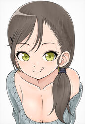  absurdres bare_shoulders breasts cleavage commentary_request earrings female green_eyes hair_ornament hairclip highres hoop_earrings ito_kashiwamochi jewelry licking_lips mole mole_on_breast off_shoulder original short_ponytail solo sweater tongue tongue_out 