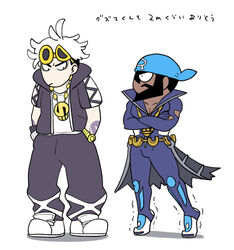  2boys anchor_necklace archie_(pokemon) arm_tattoo bandana batabiru beard black_hair black_jacket black_pants blue_bandana bodysuit closed_mouth commentary_request crossed_arms dark-skinned_female dark_skin diving_suit eyewear_on_head facial_hair guzma_(pokemon) hands_in_pockets height_conscious height_envy hood hooded_jacket jacket jewelry male_focus multicolored_hair multiple_boys necklace pants pectoral_cleavage pectorals pokemon pokemon_oras pokemon_sm shirt shoes short_sleeves sunglasses tattoo team_aqua team_skull tiptoes translation_request trembling two-tone_hair undercut wetsuit white_footwear white_hair white_shirt yellow-framed_eyewear 