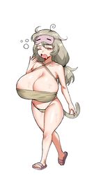  ahoge bad_id bad_pixiv_id breasts bright_pupils cleavage collarbone criss-cross_halter drooling female full_body halterneck huge_breasts long_hair low_ponytail monkey_girl monkey_tail original saru_(monkey_magic3) simple_background sleep_mask solo sweat tail walking white_background yawning 