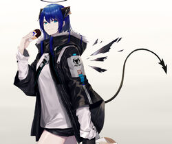  absurdres arknights black_jacket black_shorts blue_eyes blue_hair closed_mouth commentary_request curled_horns detached_wings doughnut female food fur-trimmed_hood fur_trim gradient_background grey_background hair_between_eyes halo hand_up highres holding holding_food hood hood_down hooded_jacket horns jacket kurogiri long_hair long_sleeves looking_at_viewer mostima_(arknights) open_clothes open_jacket pastry_box shirt short_shorts shorts smile solo tail white_shirt wings 