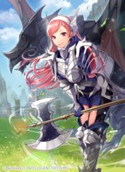  armor armored_boots axe battle_axe blue_sky boots cherche_(fire_emblem) closed_mouth cloud cloudy_sky commentary_request company_connection company_name day dragon dress female fire_emblem fire_emblem_awakening fire_emblem_cipher gauntlets grass hairband helswath holding holding_weapon leaning_forward lips long_hair long_sleeves looking_at_viewer matsurika_youko minerva_(fire_emblem_awakening) official_art outdoors pink_hair puffy_sleeves red_eyes short_dress sky smile solo sparkle weapon wyvern 