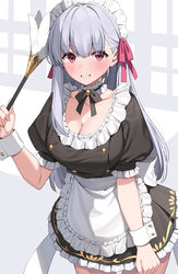  absurdres alternate_costume apron black_dress blush breasts buttons cleavage collar collarbone commentary cosplay double-breasted dress duster enmaided fate/grand_order fate/grand_order_arcade fate_(series) feather_duster female frilled_collar frills grin hair_ribbon highres kama_(fate) kama_(mistake)_(fate) kama_(mistake)_(fate)_(cosplay) kama_(second_ascension)_(fate) large_breasts long_hair looking_at_viewer maid maid_headdress neck_ribbon puffy_short_sleeves puffy_sleeves red_eyes ribbon short_sleeves smile solo suiroh_(shideoukami) waist_apron white_apron white_hair wrist_cuffs 