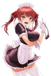  absurdres alternate_costume apron ascot black_dress blush breast_hold breasts brooch commentary cowboy_shot dress enmaided eyepatch female frilled_dress frills gloves hair_ribbon heterochromia highres holding_eyepatch hololive houshou_marine jewelry long_hair looking_at_viewer maid maid_apron maid_headdress medium_breasts open_mouth red_ascot red_eyes red_hair red_ribbon ribbon shogyo_kamo_mujo short_sleeves simple_background skindentation smile solo thighhighs thighs twintails unworn_eyepatch virtual_youtuber white_background white_gloves white_thighhighs yellow_eyes zettai_ryouiki 