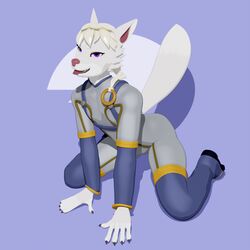  1:1 3d_(artwork) anthro bodysuit braided_hair canid canine canis clothing digital_media_(artwork) dipstick_tail female fur grey_body grey_fur hair hybrid kolhellart mammal markings purple_eyes skinsuit solo tail tail_markings tight_clothing tongue tongue_out white_body white_fur wolfdog ylva 