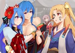  4girls ahoge azur_lane blonde_hair blue_hair blurry breasts calligraphy_brush cleveland_(azur_lane) cleveland_(new_year&#039;s_challenge!)_(azur_lane) commentary depth_of_field drawing_on_another&#039;s_face facepaint flower fur_scarf furisode hagoita hair_ears hair_flower hair_ornament hanetsuki happy_new_year helena_(azur_lane) helena_(new_year&#039;s_bluebird)_(azur_lane) highres holding_another&#039;s_wrist japanese_clothes kimono large_breasts long_hair looking_at_another marshall_k montpelier_(azur_lane) montpelier_(flower_of_the_snowy_night)_(azur_lane) multiple_girls new_year obi off_shoulder official_alternate_costume one_eye_closed one_side_up paddle paintbrush pink_eyes red_eyes red_flower red_kimono sash small_breasts st._louis_(azur_lane) st._louis_(spirits_in_the_snow)_(azur_lane) tongue tongue_out yukata 