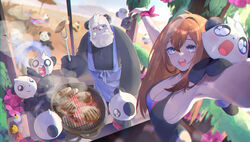  apron beach blush brown_hair burger carving_fork cooking dyarikku female food grill grilling highres innertube long_hair on_shoulder one-piece_swimsuit open_mouth original panda pointing ribbon samantha_(admiral_bahroo) sausage screaming selfie swim_ring swimsuit umeru_(admiral_bahroo) wrist_ribbon 