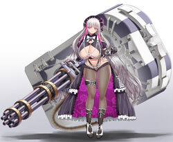  absurdres blush breasts cho!cho! coffin colored_eyelashes eternity_(last_origin) female full_body gatling_gun goth_fashion hairband highres huge_breasts last_origin lolita_hairband long_hair looking_at_viewer minigun navel simple_background solo thick_eyelashes very_long_hair white_background white_hair 