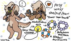  2022 afghan_hound ambiguous_gender anthro belladonna_(slumbersoft) black_text bluebell_(slumbersoft) blush bracelet brown_body brown_fur brown_hair canid canine canis circle daisy_chain_(slumbersoft) dated domestic_dog emanata exclamation_point fangs female fur group hair heart_symbol hunting_dog jewelry love_bite mammal model_sheet necklace neopronouns posy_wosy rhododendron_(slumbersoft) sighthound signature simple_background slumbersoft square stim_toy stimming tan_body tan_fur tan_hair teeth text trans_(lore) trans_woman_(lore) triangle_(shape) white_background white_body white_fur x3 yellow_emanata 