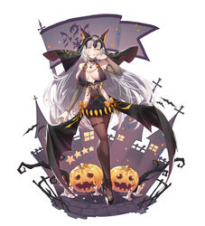  animal_ears black_legwear breasts cleavage commentary fake_animal_ears fate/grand_order fate_(series) female flag full_body halloween halloween_costume headpiece jeanne_d&#039;arc_alter_(avenger)_(fate) jeanne_d&#039;arc_alter_(fate) jewelry leg_belt licking licking_finger long_hair looking_at_viewer necklace pantyhose pumpkin solo standing thighhighs tongue tongue_out veil white_hair xion32 yellow_eyes 