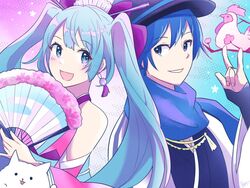  1boy aoiyui aqua_eyes aqua_hair bare_shoulders bird black_headwear blue_eyes blue_gloves blue_hair blue_kimono blue_scarf branch cherry_blossoms chicken detached_sleeves earrings fedora feline female fingerless_gloves folding_fan gloves grin hair_ornament hair_stick hand_fan hat hatsune_miku holding holding_fan jacket japanese_clothes jewelry kaito_(vocaloid) kanzashi kimono long_hair looking_at_another ooedo_julia_night_(vocaloid) open_mouth paper_fan pink_sleeves scarf sideways_glance smile twintails upper_body very_long_hair vocaloid w white_jacket 