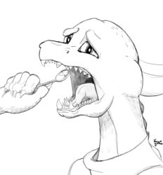  absurd_res ambiguous_gender anthro broken_teeth claws clothing dentist dentist_tool doctor dragon hi_res horn monochrome mythological_creature mythological_scalie mythology open_mouth scalie scared simple_background solo teeth threepaws tongue 