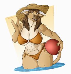  2022 3_fingers abs anthro athletic athletic_anthro athletic_female ball bikini bikini_bottom bikini_top blizzard_entertainment bovid bovine breasts brown_body brown_fur cleavage clothed clothing female fingers fur hair hat headgear headwear horn mammal navel open_mouth open_smile partially_submerged planktonheretic smile solo standing standing_in_water sun_hat swimwear tan_body tan_fur tauren teeth thick_thighs under_boob warcraft water wynali_(gilneanmoo) 