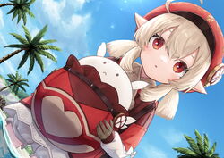  ahoge beach bloomers blue_sky brown_gloves brown_scarf cabbie_hat carrying cloud cloudy_sky clover_print coat coconut_tree commentary_request ebiri_fy female genshin_impact gloves hair_between_eyes hat hat_feather hat_ornament highres jumpy_dumpty klee_(genshin_impact) long_hair long_sleeves looking_at_viewer low_twintails ocean outdoors palm_tree parted_lips pointy_ears red_coat scarf sidelocks sky solo tree twintails underwear wading 