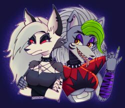  1ndigocat 2022 age_difference angry animatronic anthro armor big_breasts black_claws black_makeup black_stripes body_hair bracelet breasts broken_ear canid canid_demon canine canis chest_hair claws clothing collar demon demon_eyes duo ear_piercing ear_ring eyebrow_piercing eyebrow_ring facial_markings facial_piercing female female/female five_nights_at_freddy&#039;s five_nights_at_freddy&#039;s:_security_breach fur green_claws green_hair grey_body grey_fur hair head_markings hellhound helluva_boss hi_res jewelry lips long_ears long_neck loona_(helluva_boss) machine mammal markings mythological_canine mythological_creature mythology neck_spikes piercing purple_lips purple_makeup red_armor ring_piercing robot roxanne_wolf scottgames shark_teeth smile steel_wool_studios striped_face stripes tongue white_eyes white_hair wolf yellow_eyes younger_female 