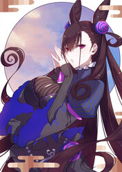  black_dress black_hair breasts commentary dress eyebrows_hidden_by_hair fate/grand_order fate_(series) female hair_between_eyes hair_ornament hairband highres impossible_clothes large_breasts long_hair looking_at_viewer murasaki_shikibu_(fate) red_eyes solo twintails upper_body very_long_hair xion32 