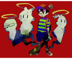  3boys backpack bad_id bad_pixiv_id badge bag bandaid bandaid_on_face bandaid_on_leg bandaid_on_nose baseball_bat baseball_cap black_hair blue_shorts braid commentary_request female ghost glasses halo hat holding jeff_andonuts mother_(game) mother_2 multiple_boys mushroom mushroom_on_head ness_(mother_2) open_mouth paula_(mother_2) poo_(mother_2) ramblin&#039;_evil_mushroom red_background red_footwear red_headwear shirt shoes shorts simple_background sneakers soumenhiyamugi standing striped_clothes striped_shirt sweat 