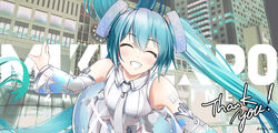  39 absurdly_long_hair aqua_hair aqua_nails bare_shoulders bent_over building city closed_eyes commentary copyright_name detached_sleeves dress facing_viewer female floating_hair grey_necktie grey_sleeves grin hair_ornament hatsune_miku hatsune_miku_expo highres long_hair map_print nail_polish necktie see-through see-through_sleeves shoulder_tattoo silver_dress smile solo tattoo twintails twitter_username upper_body very_long_hair vocaloid yokaze_(yokajie) 