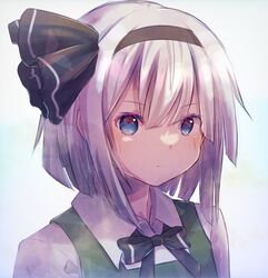  blue_eyes bob_cut bow bowtie expressionless female green_vest grey_hair hair_ribbon hairband highres karamaru626 konpaku_youmu looking_at_viewer portrait ribbon short_hair simple_background solo touhou vest white_background 