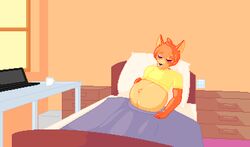  animated anthro bed bedding blanket clothing computer container cup desk digital_media_(artwork) drawers egorrus37 electronics furniture laptop male mammal pillow pixel_(artwork) pixel_animation pregnant pregnant_anthro pregnant_male shirt short_playtime sleeping solo table topwear unknown_species window 