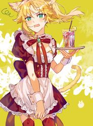  alternate_costume animal_ears apron blush bow bowtie breasts cat_ears cat_tail commentary drinking_straw enmaided fate/grand_order fate_(series) female food fruit garter_straps green_eyes lemon lemon_slice looking_at_viewer maid maid_apron medium_hair mordred_(fate) oerba_yun_fang red_thighhighs rizu033 skin_fang skirt skirt_tug small_breasts solo symbol-only_commentary tail thighhighs thighs tray wrist_cuffs yellow_background 