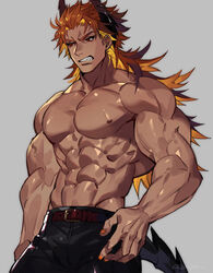  1boy abs angry azaya_(kuroi_azaya) bara belt black_pants dark-skinned_male dark_skin demon_boy denim horns jeans long_hair looking_to_the_side male_focus multicolored_hair muscular muscular_male orange_hair orange_nails original pants parted_lips pectorals red_eyes solo tail topless_male two-tone_hair v-shaped_eyebrows 