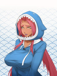  animal_costume animal_hood blue_hoodie breasts cosplay dark-skinned_female dark_skin female gawr_gura gawr_gura_(1st_costume) gawr_gura_(cosplay) hair_intakes highres hololive hololive_english hood hoodie huge_breasts ingrid_(taimanin_murasaki) kigurumi lipstick makeup mole mole_under_mouth nofuture pink_hair purple_lips shark_costume shark_hood solo taimanin_(series) taimanin_murasaki tan thick_eyebrows virtual_youtuber 