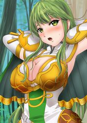  alternate_costume armor blush breasts capelet cleavage commission female fire_emblem fire_emblem:_mystery_of_the_emblem fire_emblem_echoes:_shadows_of_valentia fire_emblem_heroes gloves green_eyes green_hair highres large_breasts long_hair looking_at_viewer nao_takami official_alternate_costume open_mouth palla_(fire_emblem) skeb_commission upper_body 