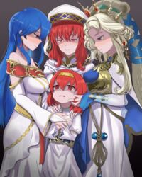  4girls absurdres age_difference bare_shoulders blonde_hair blue_eyes blue_hair breasts commission corruption crying crying_with_eyes_open dark_persona detached_sleeves dress elice_(fire_emblem) english_commentary evil_smile fire_emblem fire_emblem:_mystery_of_the_emblem fire_emblem:_new_mystery_of_the_emblem fire_emblem_heroes hand_in_another&#039;s_hair highres large_breasts lena_(fire_emblem) long_hair long_sleeves looking_at_another looking_down maria_(fire_emblem) multiple_girls nyna_(fire_emblem) onee-loli possessed red_eyes red_hair scared shaded_face shincito smile tearing_up tears veil very_long_hair wavy_mouth white_dress you_gonna_get_raped yuri 