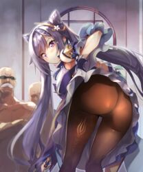  2boys ass bent_over blush breasts brown_legwear brown_pantyhose clothes_lift cone_hair_bun ddolggol female from_behind genshin_impact hair_between_eyes hair_bun hair_ornament highres keqing_(genshin_impact) kneehighs lifting_own_clothes long_hair looking_at_viewer looking_back medium_breasts multiple_boys no_panties pantyhose purple_eyes purple_hair round_window skirt skirt_lift smile socks solo_focus thighs very_long_hair window 