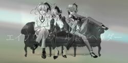  3girls absurdres adjusting_clothes adjusting_gloves androgynous bad_id bad_pixiv_id breasts cleavage commentary_request couch emu_(marico_w) flower_(gynoid_talk) flower_(vocaloid) flower_(vocaloid3) flower_(vocaloid4) formal gloves greyscale gynoid_talk half-closed_eyes high_heels highres jacket long_hair looking_at_viewer monochrome multicolored_hair multiple_girls multiple_persona nail_polish necktie open_clothes open_jacket open_shirt pants ponytail short_hair short_hair_with_long_locks sidelocks sitting streaked_hair suit suit_jacket vocaloid 