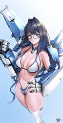  absurdres bare_shoulders bikini blue_eyes blue_hair breasts commentary cyborg dated english_commentary female glasses hair_intakes highres hololive hololive_english keisuke_desu~ large_breasts looking_at_viewer mecha_musume mechanical_arms navel ouro_kronii panties science_fiction semi-rimless_eyewear short_hair signature solo swimsuit thighhighs underwear virtual_youtuber white_thighhighs 