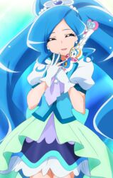  absurdres ascot blue_background blue_choker blue_hair blue_skirt blue_vest brooch choker closed_eyes commentary cowboy_shot cure_fontaine female gradient_background hairband healin&#039;_good_precure healing_animal healing_wand highres jewelry long_hair magical_girl oimanji open_mouth pegitan_(precure) precure puffy_short_sleeves puffy_sleeves sawaizumi_chiyu short_sleeves skirt vest 