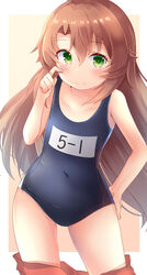  aru_(arudes) blue_one-piece_swimsuit blush border brown_hair closed_mouth clothes_pull collarbone commentary_request covered_navel female finger_to_cheek gradient_background green_eyes hair_between_eyes hand_on_own_hip highres koshigaya_komari long_hair looking_at_viewer non_non_biyori one-piece_swimsuit red_shorts school_swimsuit shorts shorts_pull smile solo swimsuit thighs white_border 