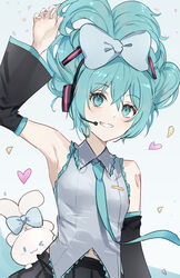  &gt;_o ;3 aqua_eyes aqua_hair arm_up armpits asle bare_shoulders black_skirt black_sleeves blue_bow blush bow cinnamiku cinnamoroll collared_shirt commentary confetti crossover detached_sleeves ear_bow female grey_shirt grin hair_between_eyes hairbow hatsune_miku headphones headset heart long_sleeves one_eye_closed pleated_skirt sanrio shirt skirt sleeveless sleeveless_shirt smile solo_focus tied_ears updo vocaloid wide_sleeves 