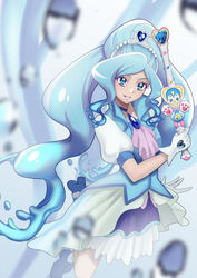  ascot blue_choker blue_footwear blue_skirt blue_vest boots brooch choker cure_fontaine female gloves healin&#039;_good_precure healing_animal healing_wand highres jewelry long_hair magical_girl mosuchaka precure puffy_short_sleeves puffy_sleeves sawaizumi_chiyu short_sleeves skirt smile solo split_ponytail very_long_hair vest water white_gloves white_skirt 