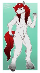  anthro equid equine fur green_eyes hair hi_res horn horse lotusaur male mammal maxi_chevalier mythological_creature mythological_equine mythology nipples red_hair red_tail solo tail unicorn white_body white_fur 