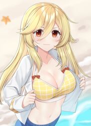  alternate_breast_size beach bikini bikini_top_only bikini_under_clothes blonde_hair bow bow_swimsuit breasts cleavage commentary english_commentary female girls&#039;_frontline gold_trim hair_between_eyes highres large_breasts light_blush light_smile long_hair long_sleeves looking_at_viewer nagant_revolver_(girls&#039;_frontline) nagant_revolver_(mod3)_(girls&#039;_frontline) navel no_headwear open_clothes open_shirt red_bow red_eyes rynzfrancis sand shirt sidelocks solo starfish swimsuit undressing water white_shirt yellow_bikini 