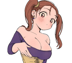  bare_shoulders blush breasts brown_eyes brown_hair cleavage closed_mouth dragon_quest dragon_quest_viii dress earrings female jessica_albert jewelry large_breasts long_hair looking_at_viewer miyama_(kannsannn) purple_shirt shirt simple_background solo strapless twintails white_background 