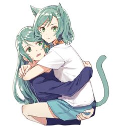  2girls :/ akni animal_ears aqua_hair aqua_shorts arms_around_neck bang_dream! blue_shirt bow braid carrying cat_ears cat_girl cat_tail closed_mouth commentary_request cropped_torso green_eyes hairbow hikawa_hina hikawa_sayo kemonomimi_mode korean_commentary long_hair long_sleeves looking_at_another looking_at_viewer multiple_girls open_mouth shirt short_hair short_sleeves shorts siblings side_braids simple_background sisters sweatdrop swept_bangs tail tail_raised twin_braids twins upper_body v-shaped_eyebrows white_background white_shirt yellow_bow 