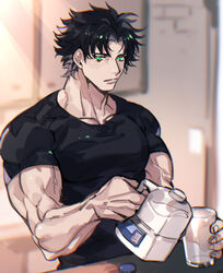  1boy azaya_(kuroi_azaya) bara black_hair bottle closed_mouth collarbone cup green_eyes indoors kitchen looking_at_viewer male_focus milk milk_bottle muscular muscular_male original parted_bangs shirt short_hair solo taut_clothes taut_shirt veins 