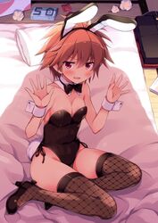  alternate_costume animal_ears black_bow black_bowtie black_footwear black_jacket black_leotard blush bow bowtie breasts brown_hair cleavage commentary_request condom condom_wrapper detached_collar eguchi_sera fake_animal_ears fake_tail female fishnet_thighhighs fishnets futon gakuran hands_up high_collar high_heels indoors instant_loss jacket leotard looking_at_viewer odawara_hakone ominous_shadow on_bed open_mouth playboy_bunny pov purple_eyes rabbit_ears rabbit_tail saki_(manga) saki_achiga-hen school_uniform shadow short_hair side-tie_leotard small_breasts smile solo_focus strapless strapless_leotard sweatdrop tail tatami tears thighhighs tissue very_short_hair wrist_cuffs 