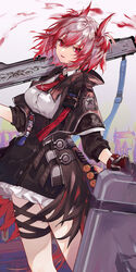  arknights bird_tail black_gloves black_jacket black_skirt collared_shirt commentary feather_hair feet_out_of_frame female fiammetta_(arknights) frilled_skirt frills gameyaruzaurus gloves high-waist_skirt highres holding holding_weapon id_card jacket leg_ribbon long_sleeves looking_at_viewer medium_hair necktie open_clothes open_jacket open_mouth radio red_eyes red_hair red_necktie ribbon shirt skirt solo tail thigh_ribbon weapon white_shirt 