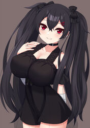  arm_behind_back bandaged_arm bandages black_bow black_choker black_dress black_hair bow breasts brown_background choker cleavage closed_mouth collarbone crossed_bangs dress empire_waist female hair_between_eyes hair_ornament hairbow hairclip hand_up highres kirishima_sagiri large_breasts legs_together long_hair looking_at_viewer multiple_hair_bows red_eyes see-through_skirt_layer short_dress simple_background smile solo standing twintails ukagaka very_long_hair yoiyami_mutsuki 