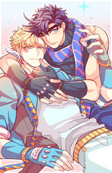  2boys akiae_(hayj14) battle_tendency blonde_hair blue_eyes blue_jacket caesar_anthonio_zeppeli facial_mark feather_hair_ornament feathers fingerless_gloves gloves green_eyes hair_ornament headband jacket jojo_no_kimyou_na_bouken joseph_joestar joseph_joestar_(young) male_focus multiple_boys one_eye_closed purple_hair scarf striped_clothes striped_scarf triangle_print unworn_headwear 