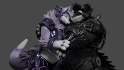  16:9 3d_(artwork) anthro armor closed_eyes clothing digital_media_(artwork) duo exposed_belly female grey_background hand_holding hi_res hug looking_at_another looking_at_partner machine male mamagen muscular muscular_male neck_tuft panties papagen pral_(the_tao_swordsman) protogen simple_background slightly_chubby slightly_chubby_female syko_(mamagen) the_tao_swordsman tuft underwear wide_hips wide_shoulders widescreen 