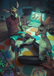  2023 4_toes 5_fingers amplifier anthro ball barefoot bat beverage_can bottomwear bovid caprine chance_furlong clothed clothing computer detailed_background digital_media_(artwork) duo electric_guitar electronics eyebrows eyelashes feet fingers floor goat guitar hanna-barbera headphones hi_res hooves jake_clawson kneeling laptop leather leather_bottomwear leather_clothing leather_pants male mammal musical_instrument nipples pants plucked_string_instrument shirt shorts sitting sitting_on_ground skateboard soccer_ball string_instrument swat_kats t-shirt toes topless topwear twister vehicle wildering wood wood_floor 