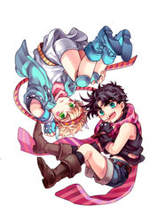  2boys adapted_costume age_regression aged_down akiae_(hayj14) aqua_jacket battle_tendency black_hair blonde_hair blue_eyes boots caesar_anthonio_zeppeli denim denim_shorts facial_mark feather_hair_ornament feathers floating green_eyes hair_ornament headband jacket jojo_no_kimyou_na_bouken joseph_joestar joseph_joestar_(young) knee_boots lolicon male_focus multiple_boys oversized_clothes pink_scarf purple_scarf scarf shorts striped_clothes striped_scarf triangle_print upside-down 